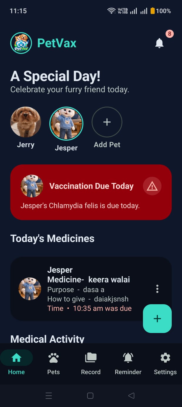PetVax Android app reminder home screen showing upcoming schedule