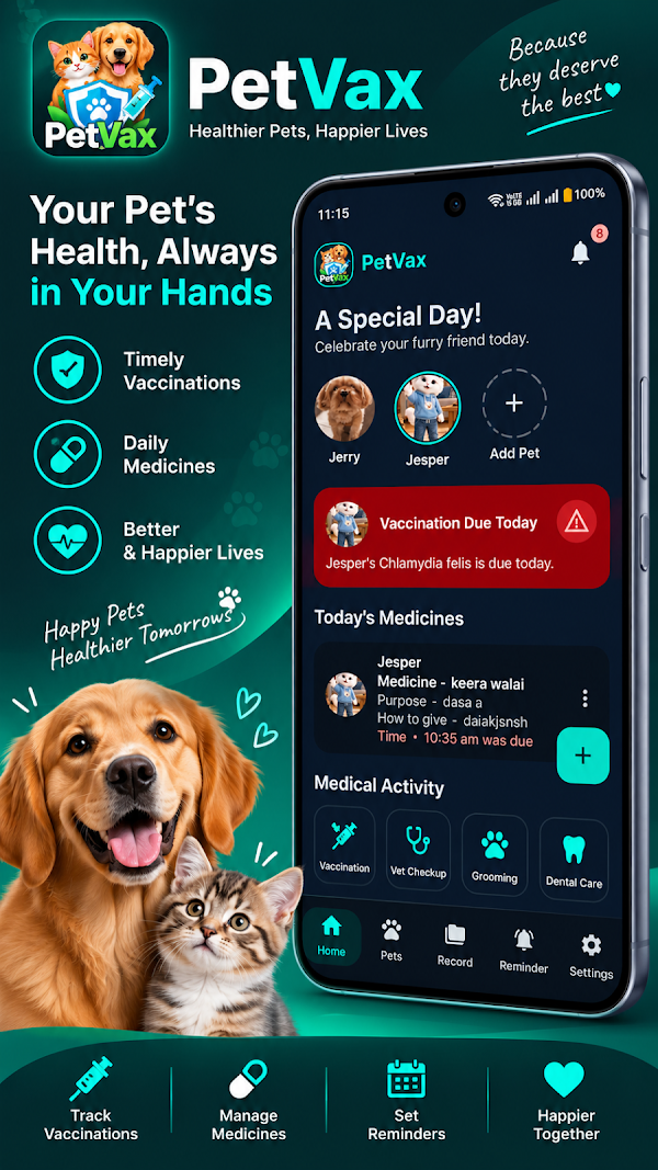 PetVax dashboard showing daily routines, medicines, and vaccine alerts