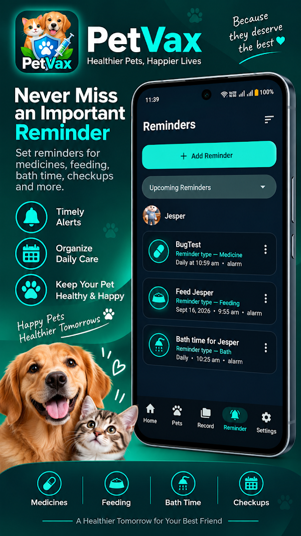 PetVax active care reminders and alarms list